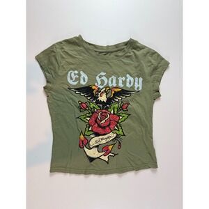 Ed Hardy Womens Olive Green Rose Eagle Tattoo Graphic Baby Tee Size L Y2K Top